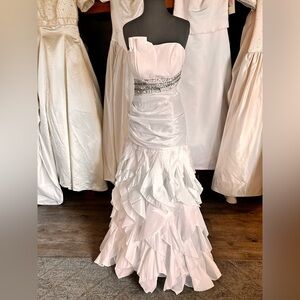 Strapless White Ruffled Evening Gown with Embellished Waist